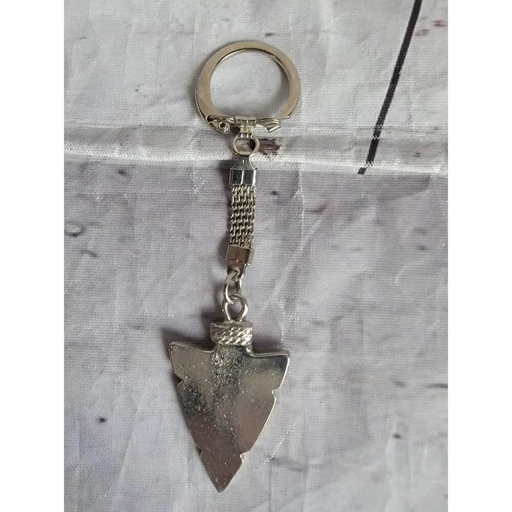 Turquoise and Coral Gemstone Inlay Southwestern Style Silver Tone Keychain